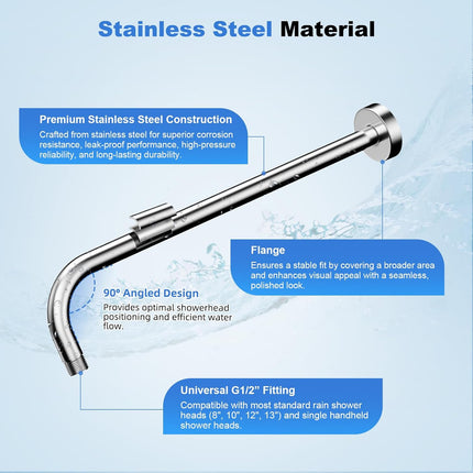 16 Inch All Metal Shower Extension Arm, Extra Long Extender with Flange, Stainless Steel Rainfall Shower Arm Water Outlet, Wall Mounted Shower Head Extender, Chrome.