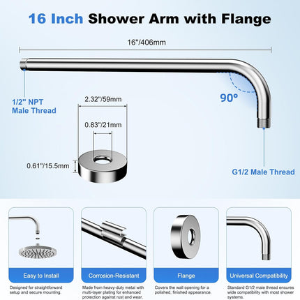 16 Inch All Metal Shower Extension Arm, Extra Long Extender with Flange, Stainless Steel Rainfall Shower Arm Water Outlet, Wall Mounted Shower Head Extender, Chrome.