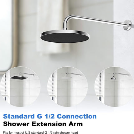 16 Inch All Metal Shower Extension Arm, Extra Long Extender with Flange, Stainless Steel Rainfall Shower Arm Water Outlet, Wall Mounted Shower Head Extender, Chrome.