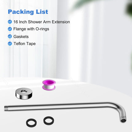 16 Inch All Metal Shower Extension Arm, Extra Long Extender with Flange, Stainless Steel Rainfall Shower Arm Water Outlet, Wall Mounted Shower Head Extender, Chrome.