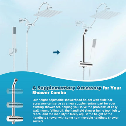 Shower Slide Bar with Handheld Shower Head Holder, Stainless Steel Shower Arm Extension Sliding Bar, Height & Angle Adjustment Showerhead Holder, Chrome.