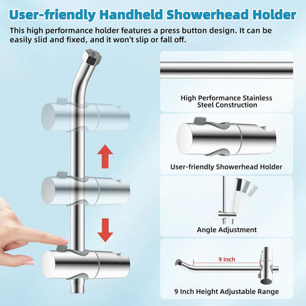 Shower Slide Bar with Handheld Shower Head Holder, Stainless Steel Shower Arm Extension Sliding Bar, Height & Angle Adjustment Showerhead Holder, Chrome.