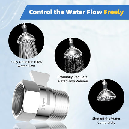 All Metal Shower Head Flow Control Valve, G1/2 Brass Shut-off Valve with Metal Handle Lever, 90 Inch Stainless Steel Extra Long Shower Hose Replacement, Brass Insert & Nut.