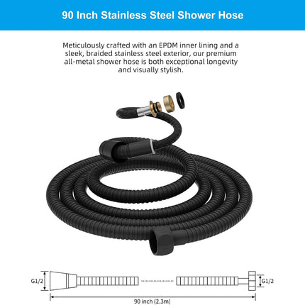 All Metal Shower Head Flow Control Valve, G1/2 Brass Shut-off Valve with Metal Handle Lever, with 90 Inch Stainless Steel Extra Long Shower Hose Replacement.