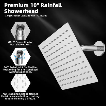 16“ Shower Arm with 10" Rainfall Showerhead.