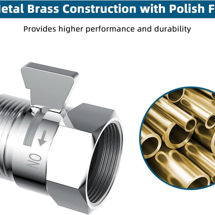 All Metal Shower Head Flow Control Valve with Showerhead Holder, G1/2 Brass Shut-off Valve with Metal Handle Lever, Strong Adhesive and Waterproof Handheld Holder and Bracket, Chrome.