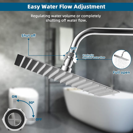 All Metal Shower Head Flow Control Valve with Showerhead Holder, G1/2 Brass Shut-off Valve with Metal Handle Lever, Strong Adhesive and Waterproof Handheld Holder and Bracket, Chrome.