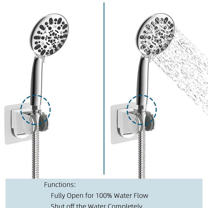 All Metal Shower Head Flow Control Valve with Showerhead Holder, G1/2 Brass Shut-off Valve with Metal Handle Lever, Strong Adhesive and Waterproof Handheld Holder and Bracket, Chrome.