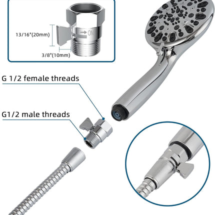 All Metal Shower Head Flow Control Valve with Showerhead Holder, G1/2 Brass Shut-off Valve with Metal Handle Lever, Strong Adhesive and Waterproof Handheld Holder and Bracket, Chrome.