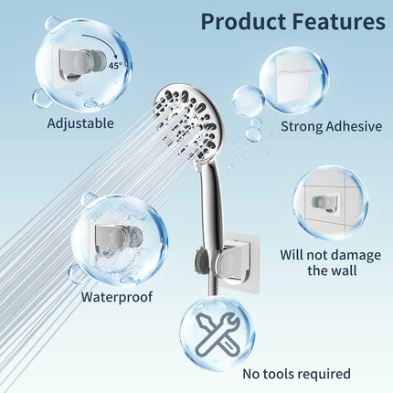 All Metal Shower Head Flow Control Valve with Showerhead Holder, G1/2 Brass Shut-off Valve with Metal Handle Lever, Strong Adhesive and Waterproof Handheld Holder and Bracket, Chrome.