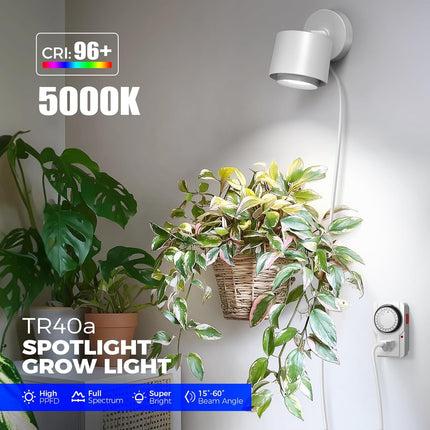 TR40a Track Grow Light for Indoor Plants, 40W Wall-Mounted Grow Bulbs with Adjustable Beam Angle (15°-60°), 5000K Full Spectrum Plant Spotlight with Timer & 16.4' Power Cord, 1-Pack.