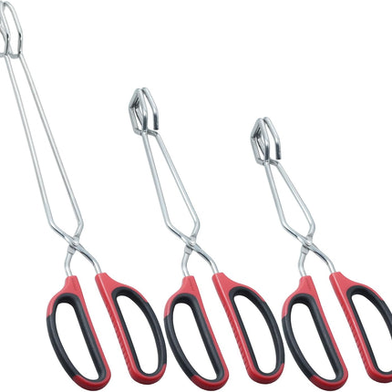 Stainless Steel Kitchen Scissor Tongs Set for Cooking, Grilling & Serving, 3-Piece with Red Handle (10/12/16 Inch).