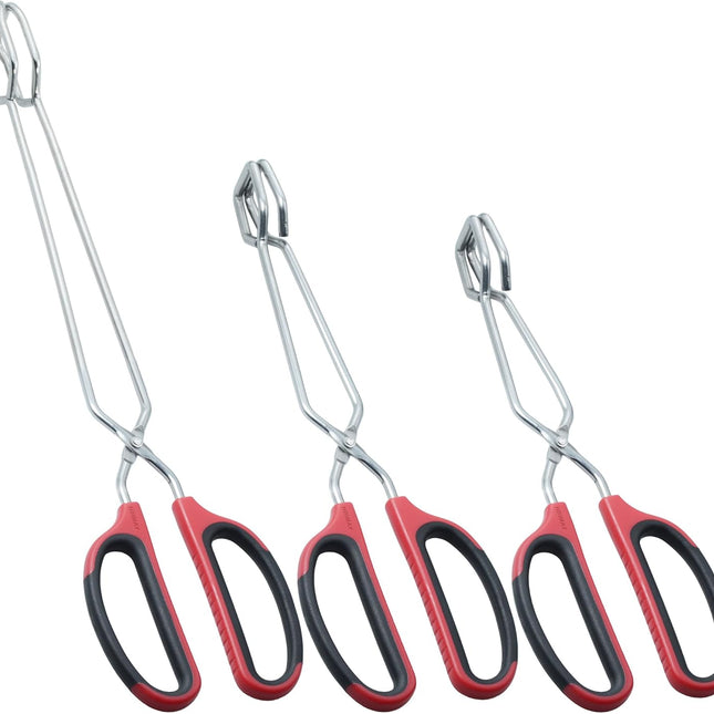 Stainless Steel Kitchen Scissor Tongs Set for Cooking, Grilling & Serving, 3-Piece with Red Handle (10/12/16 Inch).