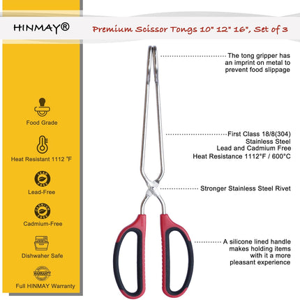 Stainless Steel Kitchen Scissor Tongs Set for Cooking, Grilling & Serving, 3-Piece with Red Handle (10/12/16 Inch).