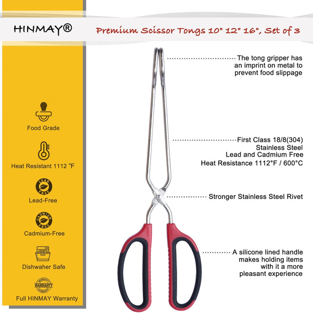 Stainless Steel Kitchen Scissor Tongs Set for Cooking, Grilling & Serving, 3-Piece with Red Handle (10/12/16 Inch).