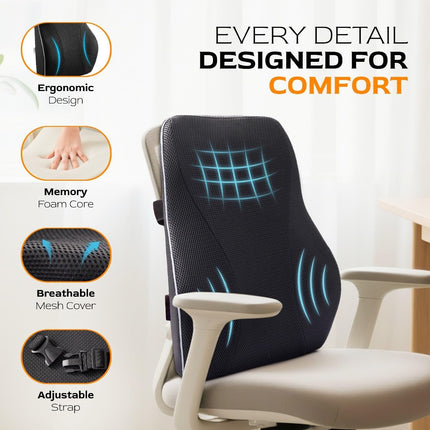 Extra Dense Lumbar Pillow with Double Adjustable Straps - Ergonomic Lumbar Support Pillow for Office Chair, Car, Couch Firm Back Support for Lower Back & Spine Pain Relief Memory Foam Cushion.