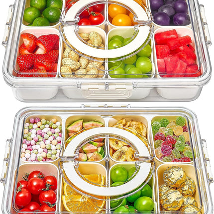 Snackle Box Container, 2 Pack Divided Serving Tray with Lid and Handle, Snack Box Charcuterie Container for Portable Snack Platters, Clear Organizer for Candy, Fruits, Travel, Party, Picnic.