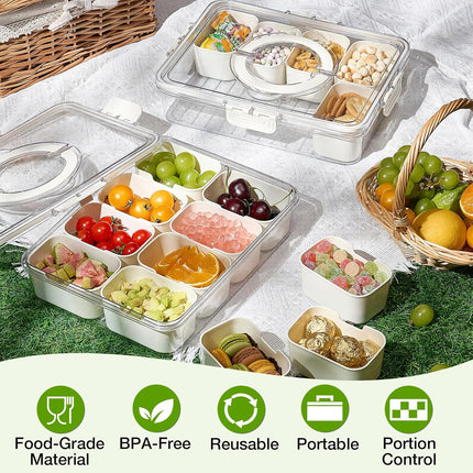 Snackle Box Container, 2 Pack Divided Serving Tray with Lid and Handle, Snack Box Charcuterie Container for Portable Snack Platters, Clear Organizer for Candy, Fruits, Travel, Party, Picnic.