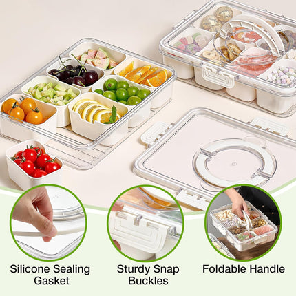 Snackle Box Container, 2 Pack Divided Serving Tray with Lid and Handle, Snack Box Charcuterie Container for Portable Snack Platters, Clear Organizer for Candy, Fruits, Travel, Party, Picnic.