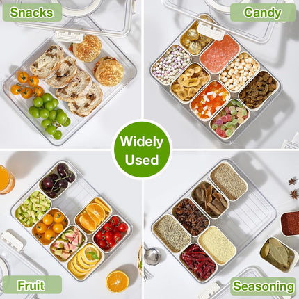 Snackle Box Container, 2 Pack Divided Serving Tray with Lid and Handle, Snack Box Charcuterie Container for Portable Snack Platters, Clear Organizer for Candy, Fruits, Travel, Party, Picnic.
