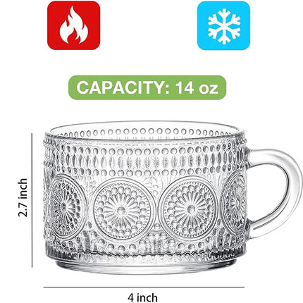 Vintage Coffee Mugs Set of 2, 14 oz Embossed Glass Cups with Handle, Clear Cups for Cappuccino, Latte, Cereal, Yogurt, Milk, Hot or Cold Beverages.