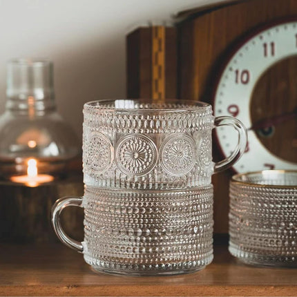 Vintage Coffee Mugs Set of 2, 14 oz Embossed Glass Cups with Handle, Clear Cups for Cappuccino, Latte, Cereal, Yogurt, Milk, Hot or Cold Beverages.