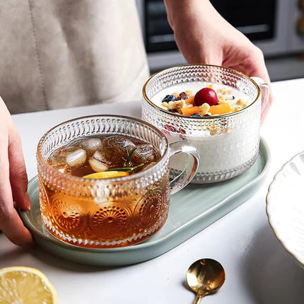 Vintage Coffee Mugs Set of 2, 14 oz Embossed Glass Cups with Handle, Clear Cups for Cappuccino, Latte, Cereal, Yogurt, Milk, Hot or Cold Beverages.