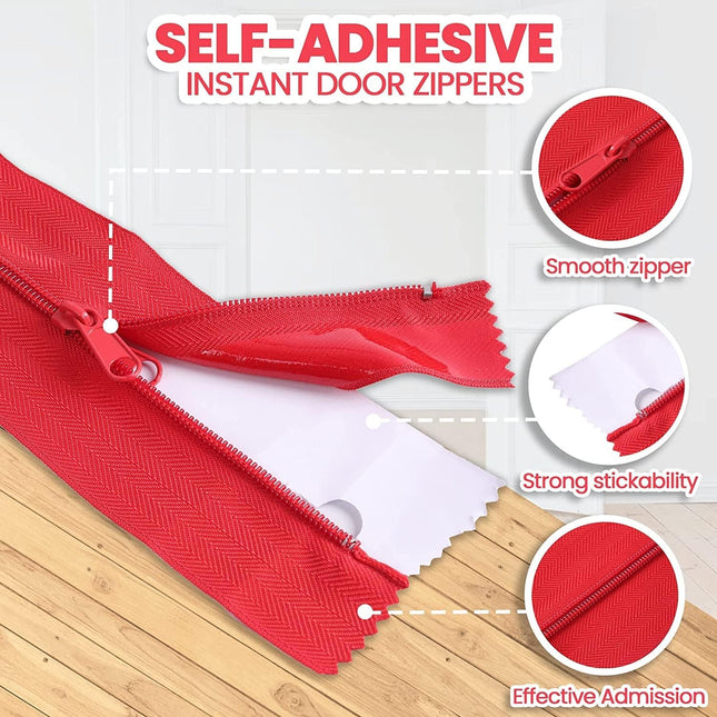 4-Pack Heavy-Duty Dust Protector Zipper (Red) - Self-Adhesive Instant Door Zipper - 7 Ft Length x 3" Width - Includes 4 Zippers and Plastic Sheeting Cutter Accessories.