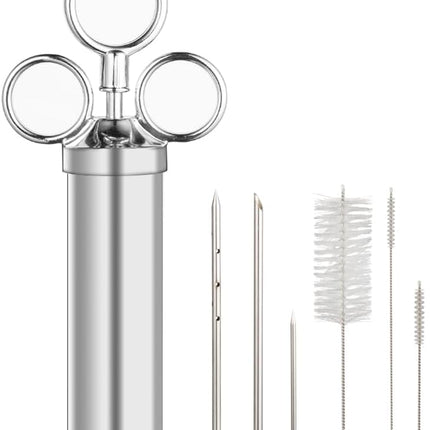 Meat Injector Syringe, 2oz Turkey Injector Seasoning, 304-Stainless Steel Seasoning Injector with 3 Marinade Needles and 3 Cleaning Brushes for Smoked BBQ Grilling.
