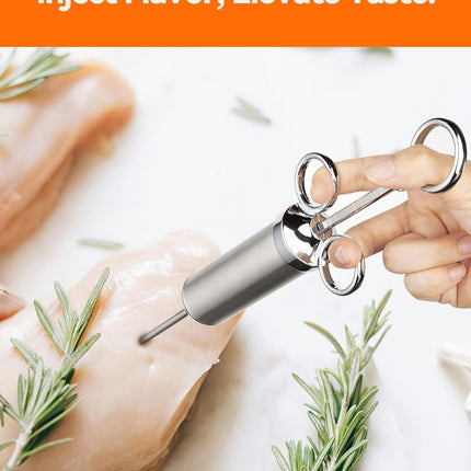 Meat Injector Syringe, 2oz Turkey Injector Seasoning, 304-Stainless Steel Seasoning Injector with 3 Marinade Needles and 3 Cleaning Brushes for Smoked BBQ Grilling.