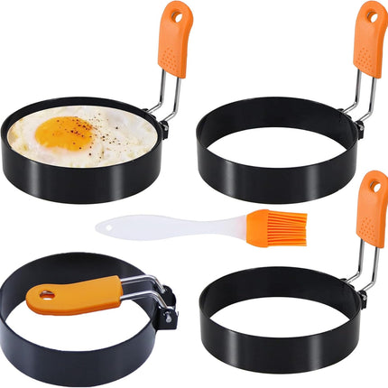 3.5" Egg Rings Set of 4 with Silicone Handle, Large Ring for Frying Eggs, Round Mold for English Muffins - Griddle Cooking Shaper for Indoor Camping Breakfast Sandwiches w/Silicone Oil Brush.