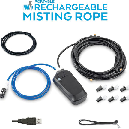 Rechargeable Outdoor Misting Rope, Up to 25 FT + 6 Mister Nozzles, NO Water Hose or Power Source Needed, Misters for Outside Patio or Misters for Reptiles Water Mister.