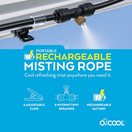 Rechargeable Outdoor Misting Rope, Up to 25 FT + 6 Mister Nozzles, NO Water Hose or Power Source Needed, Misters for Outside Patio or Misters for Reptiles Water Mister.