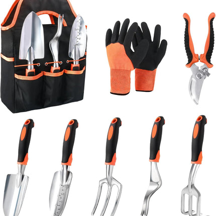 Garden Tools Set, 8 Piece Gardening Tools Set with Non Slip Ergonomic Handle, Heavy Duty Garden Tool Set with Storage Bag, Gardening Kit for Women, Garden Hand Tools Gift for Women and Men, Orange.
