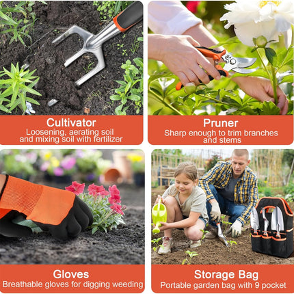 Garden Tools Set, 8 Piece Gardening Tools Set with Non Slip Ergonomic Handle, Heavy Duty Garden Tool Set with Storage Bag, Gardening Kit for Women, Garden Hand Tools Gift for Women and Men, Orange.