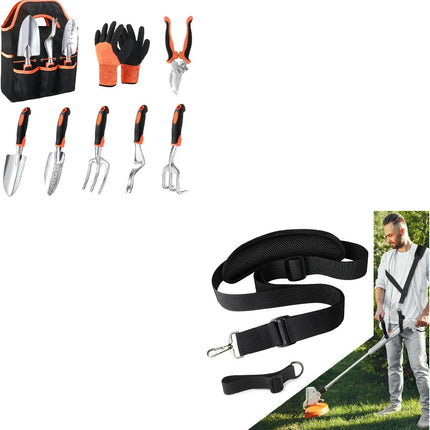 Garden Tools Set, 8 Piece Gardening Tools Set with Non Slip Ergonomic Handle+ Trimmer Shoulder Strap for Weed, Adjustable Shoulder Straps Pads.