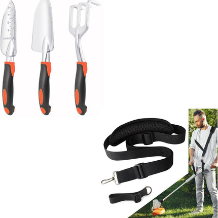 Garden Tools Set, 3 Pack Heavy Duty Gardening Tools Set + Trimmer Shoulder Strap for Weed, Adjustable Shoulder Straps Pads.