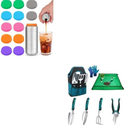 Silicone Soda Can Cover Lids, 12 Pack Reusable Soda Can Lids + Garden Tools Sets, Gardening Tool Set with 39.3 in Repotting Mat,.