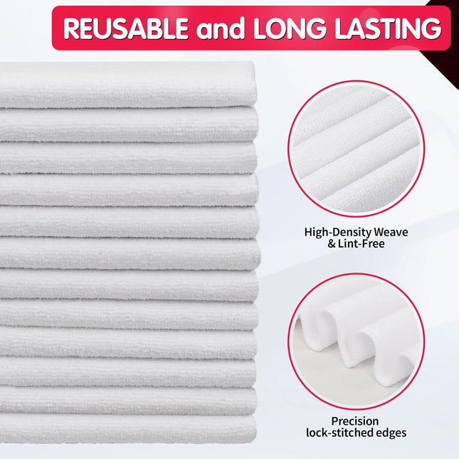 White Microfiber Cleaning Cloth -Pack of 12 Microfiber Cleaning Cloth Bulk, 100 Pack Shop Towels, Lint-Free Car Wash Towels.