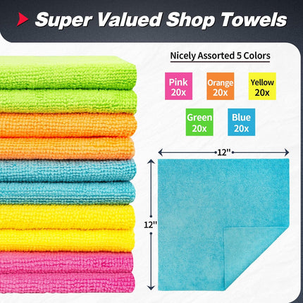 White Microfiber Cleaning Cloth -Pack of 12 Microfiber Cleaning Cloth Bulk, 100 Pack Shop Towels, Lint-Free Car Wash Towels.