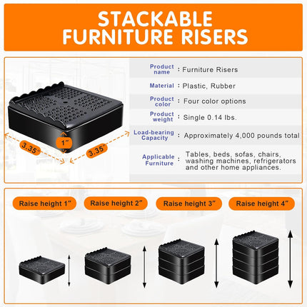 Furniture Risers, 4 Pack Bed Risers with Non-Slip Grip and Heavy Duty Support, 1 Inch 2 Inch 3 Inch 4 Inch Height Lift for Couch, Sofa, Table, Desk, Chair, Refrigerator - Black, 1 Inch.