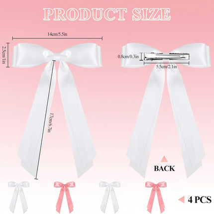 4pcs Solid Silky Satin Hair Accessories: Bows with Long Tails, Daily Wear Clips for Women and Girls, White and Black Gifts.