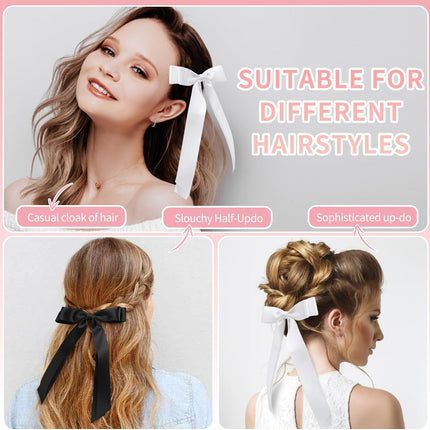 4pcs Solid Silky Satin Hair Accessories: Bows with Long Tails, Daily Wear Clips for Women and Girls, White and Black Gifts.