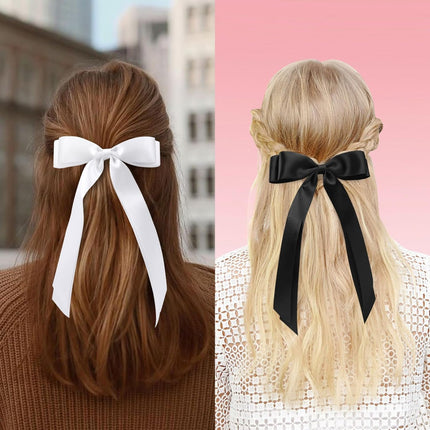 4pcs Solid Silky Satin Hair Accessories: Bows with Long Tails, Daily Wear Clips for Women and Girls, White and Black Gifts.