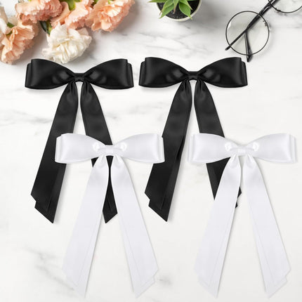 4pcs Solid Silky Satin Hair Accessories: Bows with Long Tails, Daily Wear Clips for Women and Girls, White and Black Gifts.