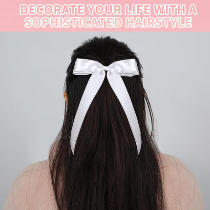 4pcs Solid Silky Satin Hair Accessories: Bows with Long Tails, Daily Wear Clips for Women and Girls, White and Black Gifts.