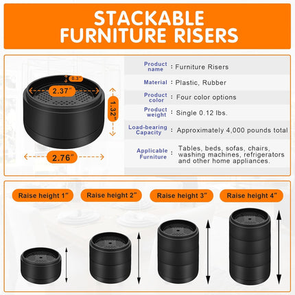 Furniture Risers Bed Risers Heavy Duty 1 inch, 2 inch, 3 inch, 4 inch Round Adjtable Bed Lifts Riser for Desk Legs Table Couch Sofa Chair Refrigerator Washing Machine (1+1 Inch, Black, 4 Pack).