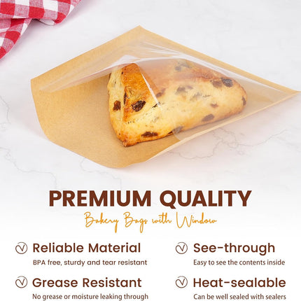 100 Pack Cookie Packaging Bags with Seal, 5.7x6.5 Inch Paper Bakery Bags with Window, Heat Sealable & Grease Resistant To Go Bake Sale Sleeves for Treat, Donut, Cake Slice, Scone, Brownie.