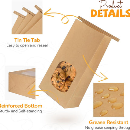 50 Pack Bakery Bags with Window, 3.9x2.3x8 Inches Tin Tie Tab Paper Cookie Bags Brown Small Gift Bag for Packaging Popcorn, Trail Mix, Treats, Snacks, Baked Goods, Party Favors | Grease Resistant, Resealable.