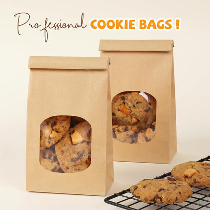 50 Pack Bakery Bags with Window, 3.9x2.3x8 Inches Tin Tie Tab Paper Cookie Bags Brown Small Gift Bag for Packaging Popcorn, Trail Mix, Treats, Snacks, Baked Goods, Party Favors | Grease Resistant, Resealable.
